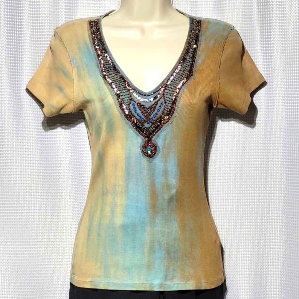 Tie-Dye Beads & Lace Ribbed Short Sleeve Grunge Fairycore Top Made in U.S.A. (S)